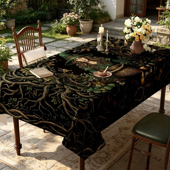 1pc Dark Green Witch Herbal Potion 2D Printed Tablecloth, Dark Forest Halloween Table Cover, Spooky Holiday Gift for Witchy Style Home Decor Lovers