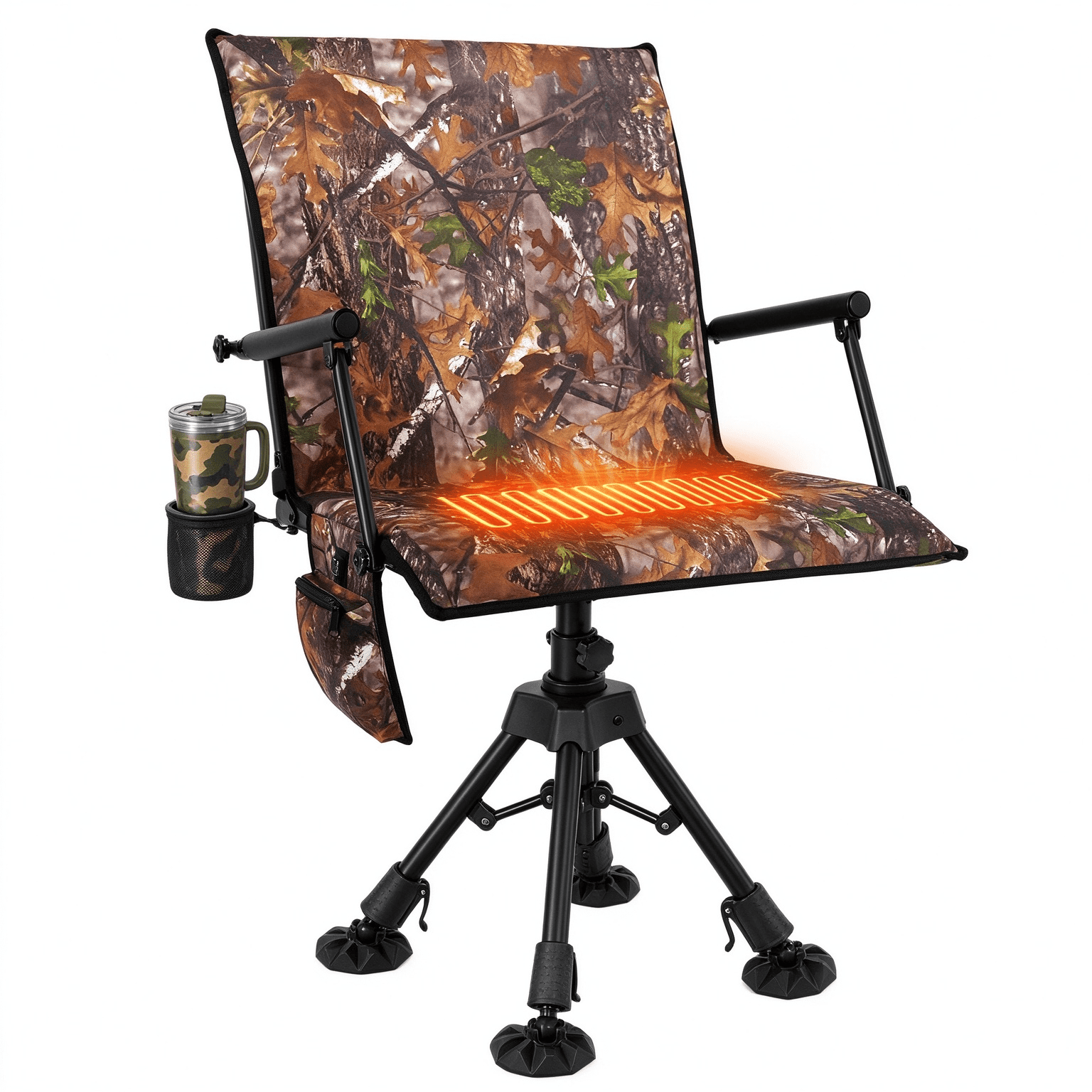 NETAJE Heated 360° Swivel Hunting Blind Chair Adjustable Folding Camo Chair with Cup Holder