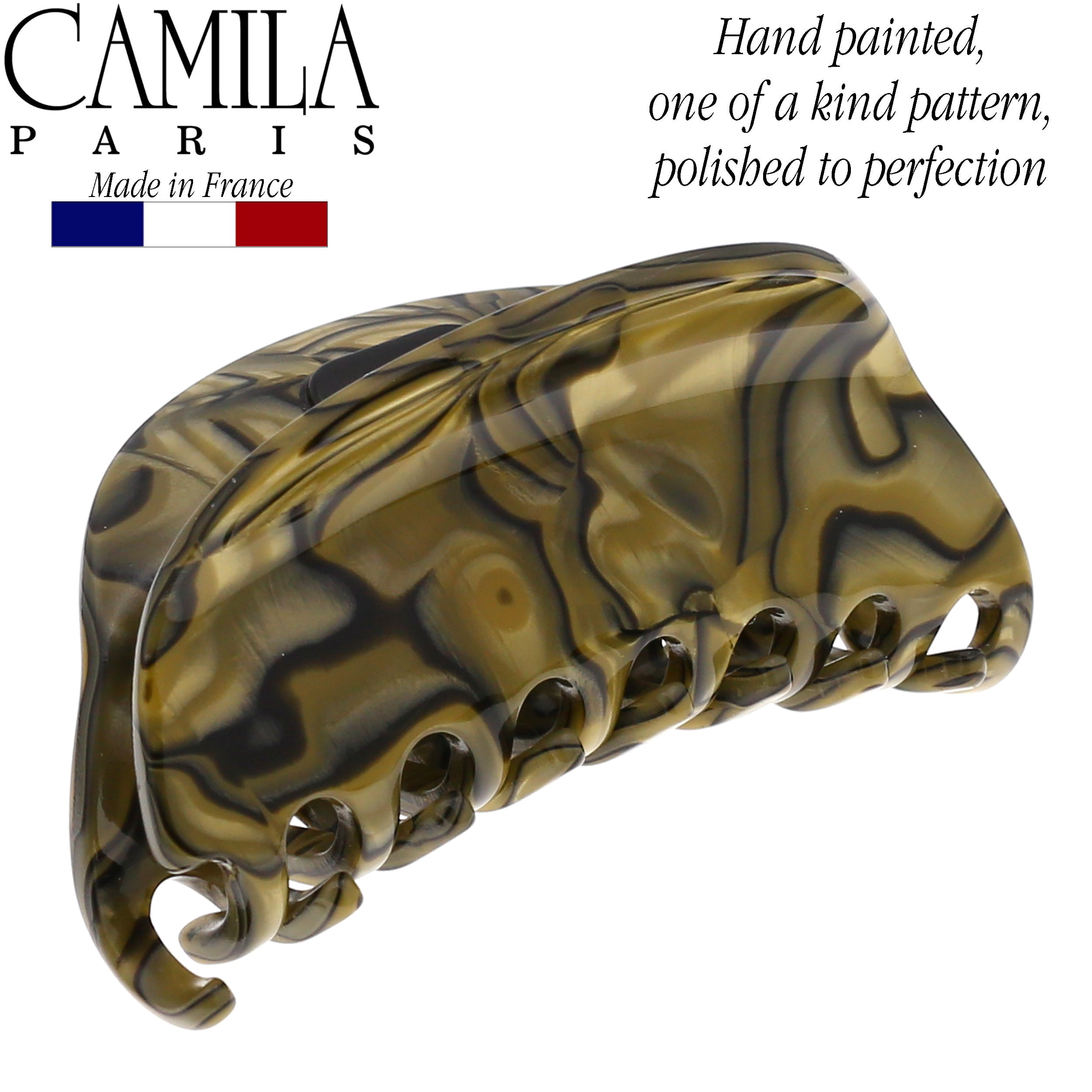 Camila Paris CP2958 French Hair Ponytail Holders Ties, Flower, Handmade, Gray, Strong Hold Grip Hair Clips for Women, No Slip and Durable Styling Girls Hair Accessories, Made in France