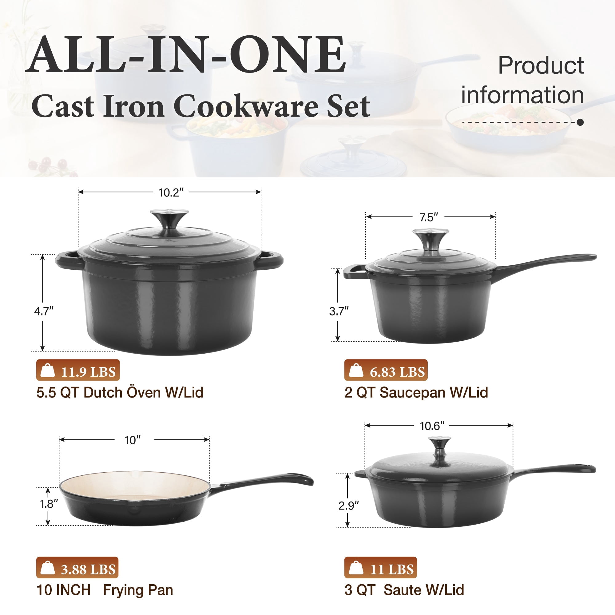 MF Studio 7-Piece Enameled Cast Iron Cookware Sets, Heavy Duty Ceramic Coated Pots and Pans Set, Gray Dutch Ovens Set