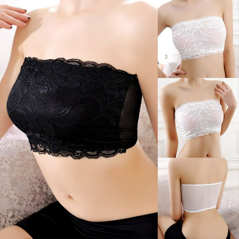 ALSLIAO Womens Tube Bra Top Lace Sheer Ultra-Thin Sexy Strapless Seamless  Underwear Black 