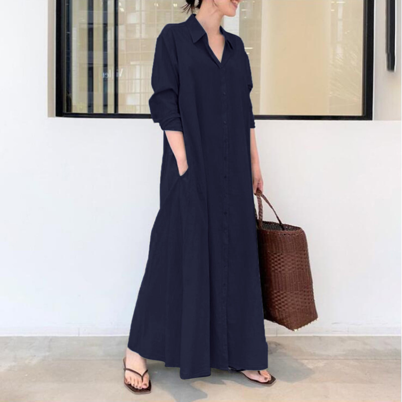 women dress Ladies Cotton Linen Solid 