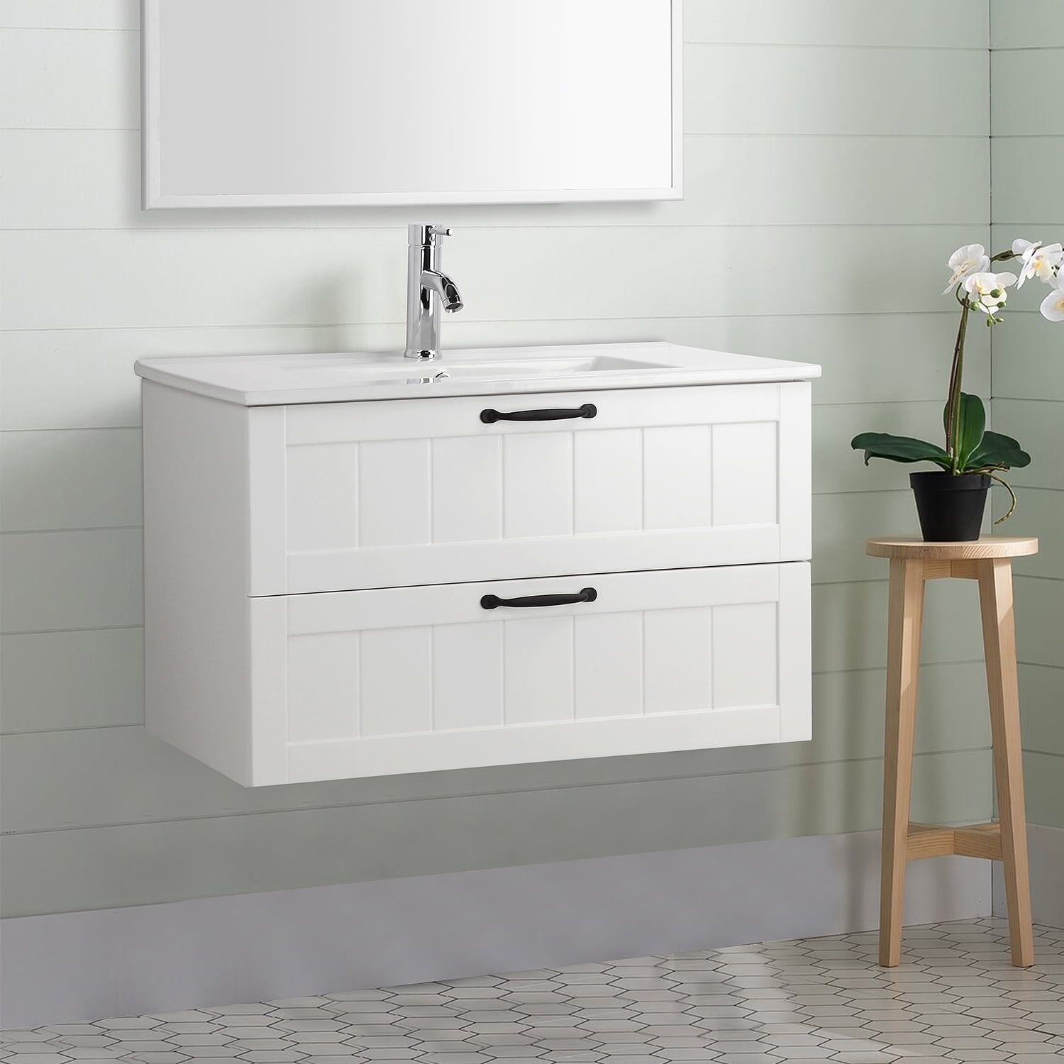 Demi Bonn 31" Wall Mounted Bathroom Vanities Cabinet with Sink Combo, 2 Decor Line Soft-Close Drawers, Faucets and Drains Not Included, White