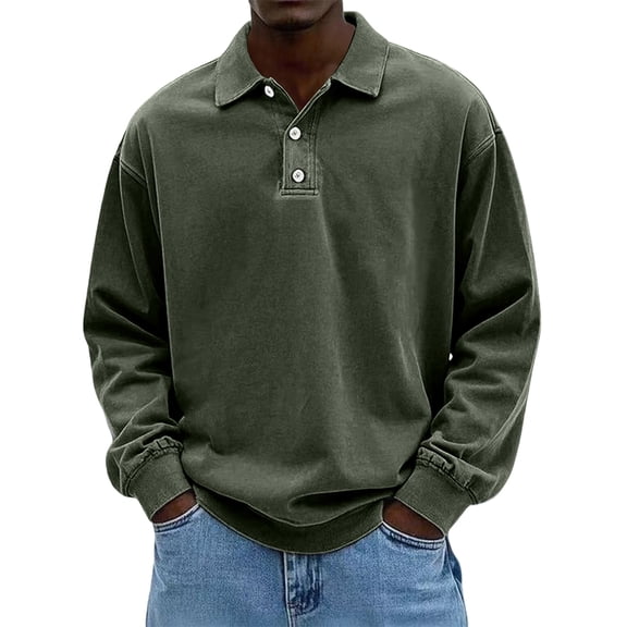 Long Sleeve Shirts for Men Classic Button Golf Shirt Casual Collared Thermal Work Pullover Tops Green S