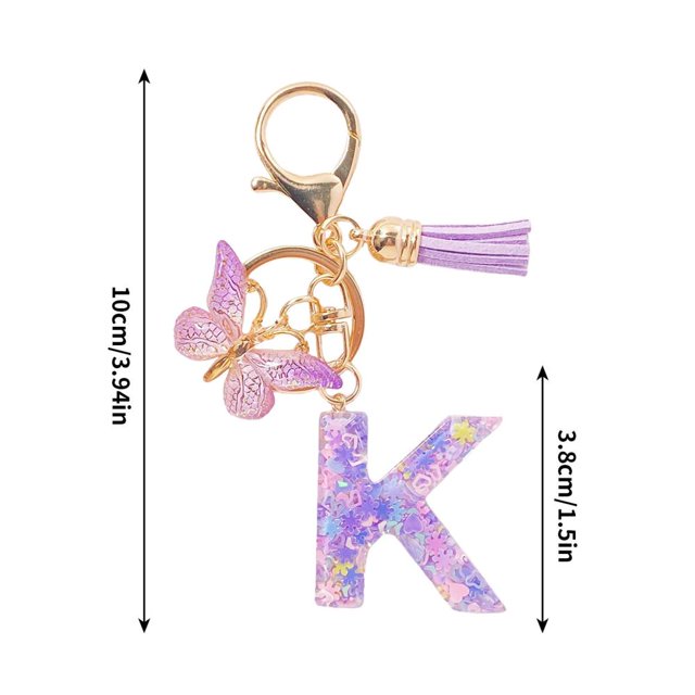 Feltree Initial Letter Keychains for Women Tassel Purple Cute Car Keychain for Wallet Backpack Bag