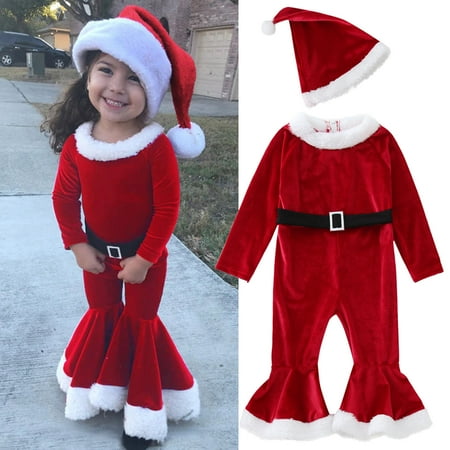 

Toddler Girls Christmas Long Sleeve Romper Bell Bottoms Flare Jumpsuit Hat Set