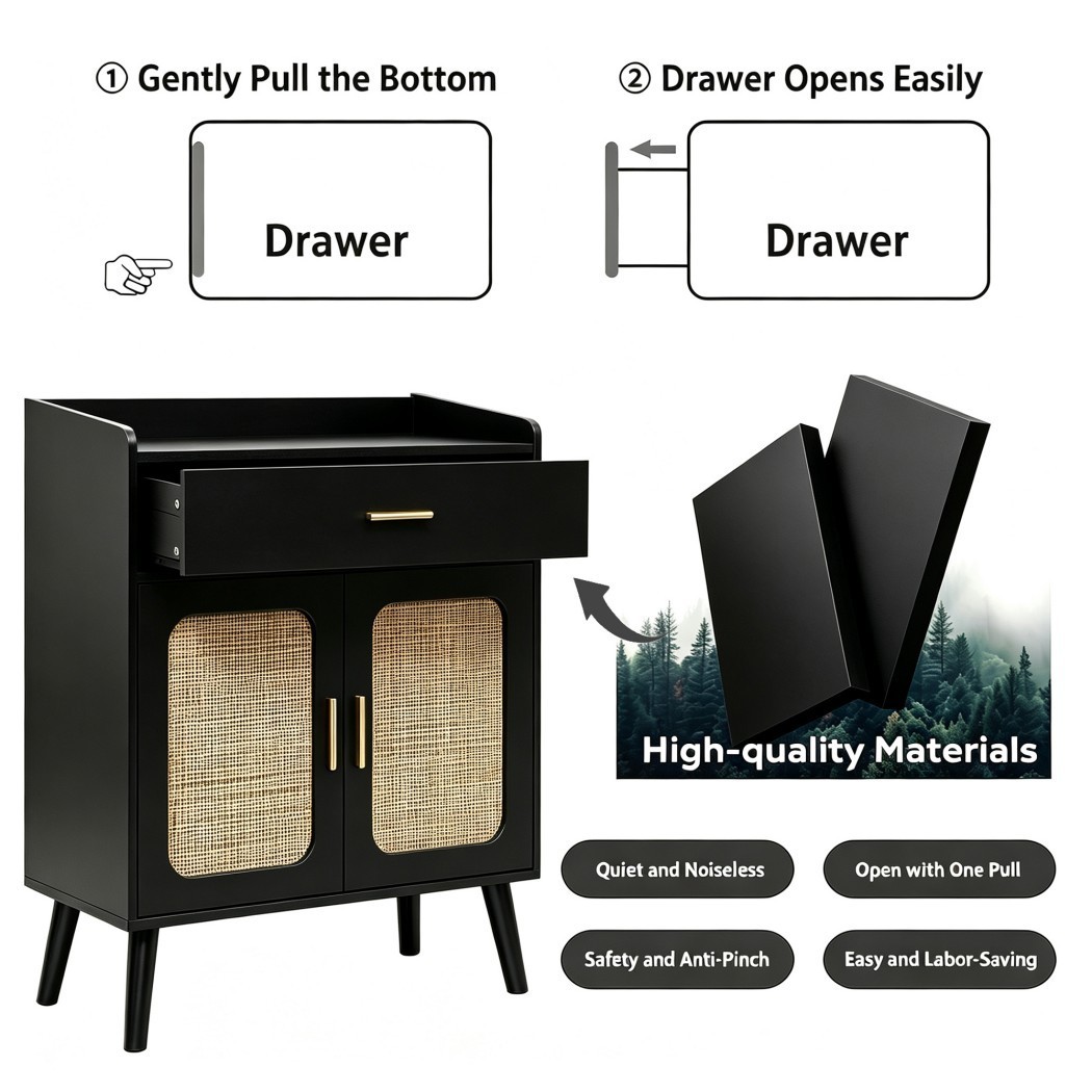 Farmhouse Buffet Cabinet, Kitchen Storage Cabinet with 1 Drawer & 2 Doors, Sideboard Cabinet with Solid Wood Feet for Dining Room, Living Room & Entryway, Black