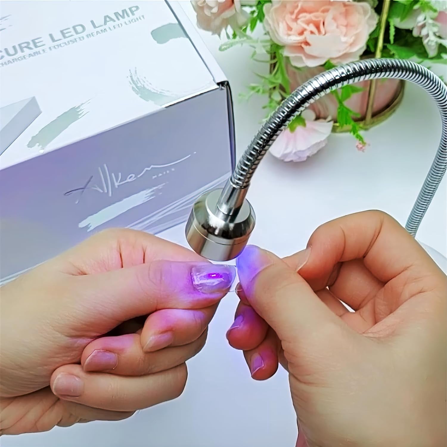 Professional UV LED Nail Lamp with Foot Pedal Switch – Hands-Free 360° Gooseneck Flash Cure Light for Nail Extensions & 3D Nail Art, Heavy Duty USB Powered Base(RL Silver 1 PC)