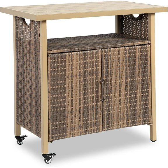 Outdoor Bar Table with Storage Cabinet Patio Serving Carts on Wheels Wicker Grill Cart Prep Station Rolling Kitchen Island for Outside Backyard and Patio, Brown