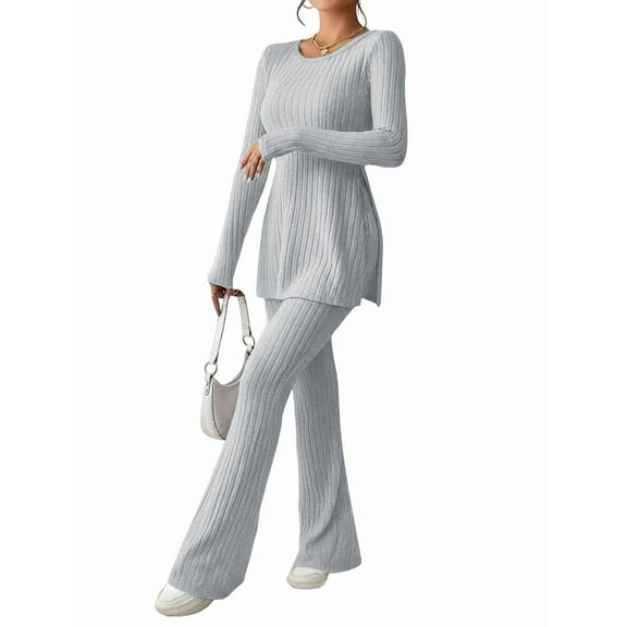 Women'S 2 Piece Matching Lounge Set Long Sleeve Top Wide Leg Pants Casual Sweatsuit Light Gray XL