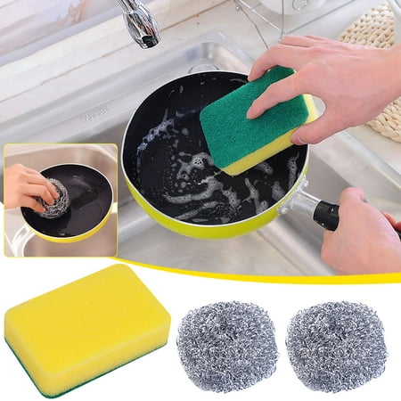 Cevemin 3-in-1 Stainless Steel Cleaning Ball and Sponge Set – Double-sided Kitchen Scrubbing Sponge with Cleaning Cloth for Pot Pan Bowl Sink Cleaning