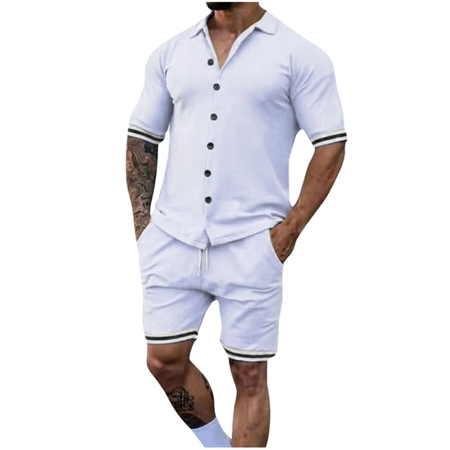 Mangas de Mano para Hombres, Color Sólido Botón de Solapa de Manga Corta Cardigan Y Pantalones Cortos Conjunto de Traje Deportivo Hecho de Poliéster, Conjunto de Traje para Hombre