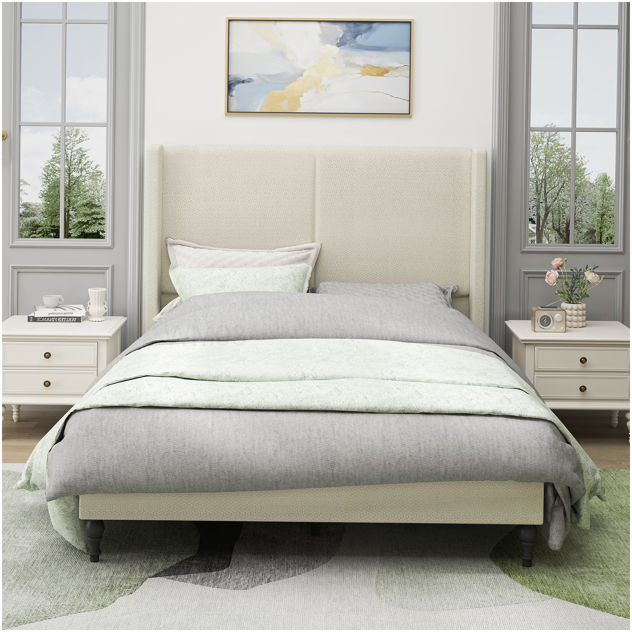 Modern Boucle Fabric Upholstered Bed Frame, Queen Size with High Headboard, No Box Spring Required