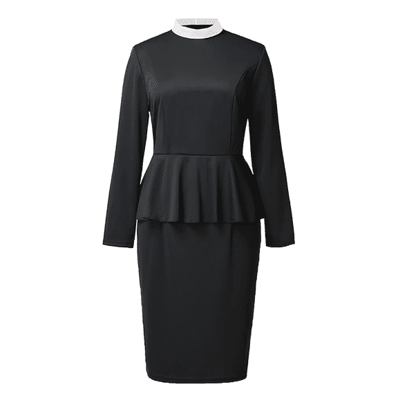 Afinprain Women's Long Sleeve Clergy Dress with Banded Full Collar Peplum Waist Church Pencil Dress for Female Pastors