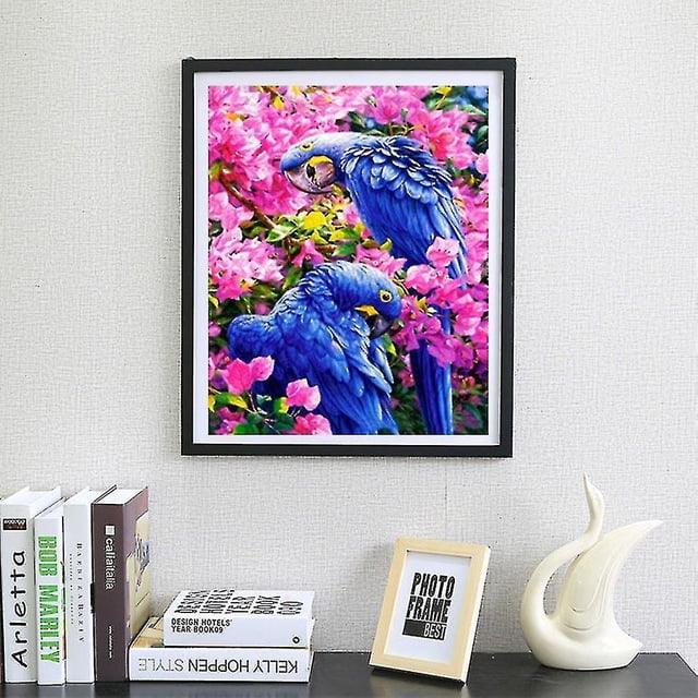 Dos loros flores bordado Diy diamantes plateado 5d punto de cruz pintura