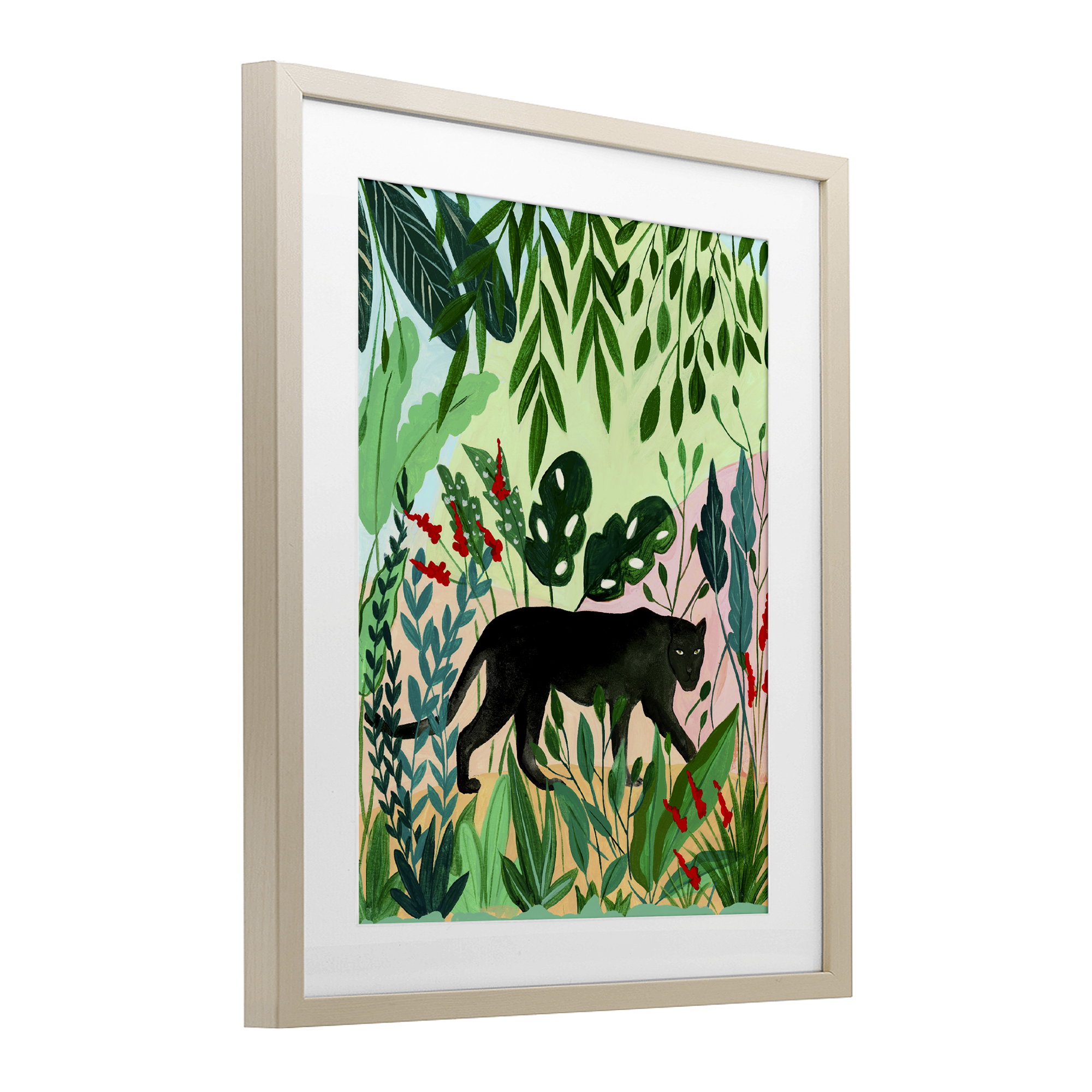 Stoic Panther Tropical Forest Birch Framed Print Under Glass, design by Nabeela Rumi