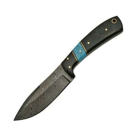 SANZ 8 Turquoise Hunting Knife Damascus Steel Blade Horn Handle With Leather Sheath Pocket Knife for Hunting Camping & Outdoor uses