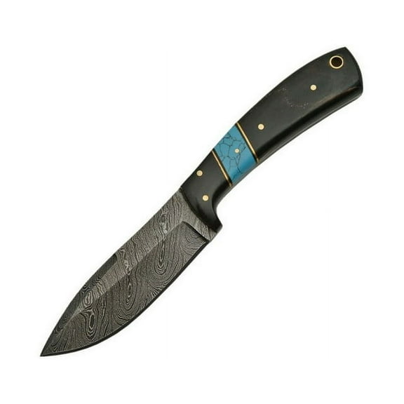 SANZ 8" Turquoise Hunting,Knife Damascus Steel Blade Horn Handle With Leather Sheath Pocket Knife for Hunting, Camping & Outdoor uses