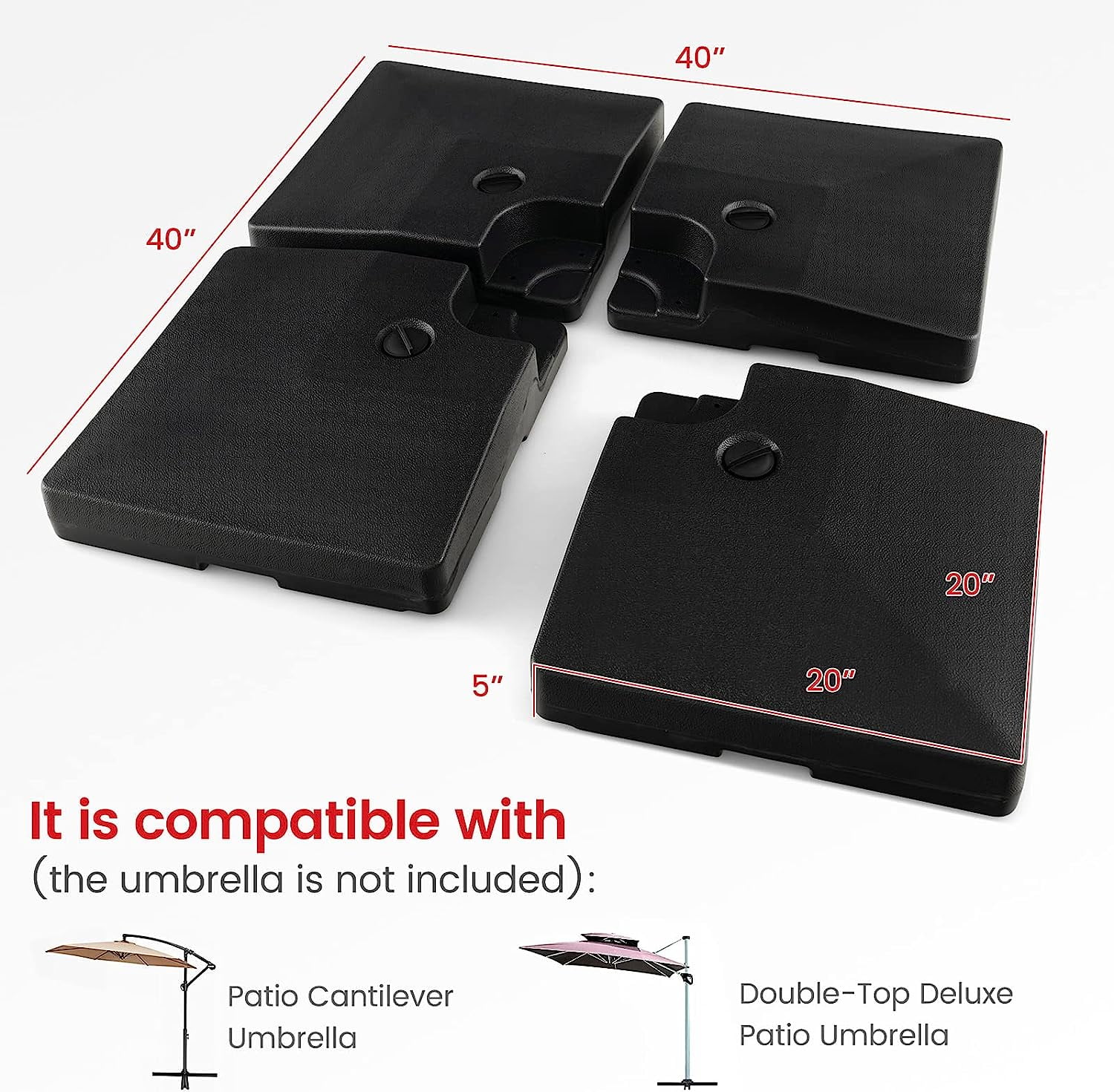 GetRich 284 lbs Fillable Offset Patio Umbrella Base, 4PCS Umbrella Stand Water Sand Weight for Cantilever Umbrella, 4 Connecting Pins, Easy-Filling Spouts, Outdoor Market Umbrella Holder for Garden