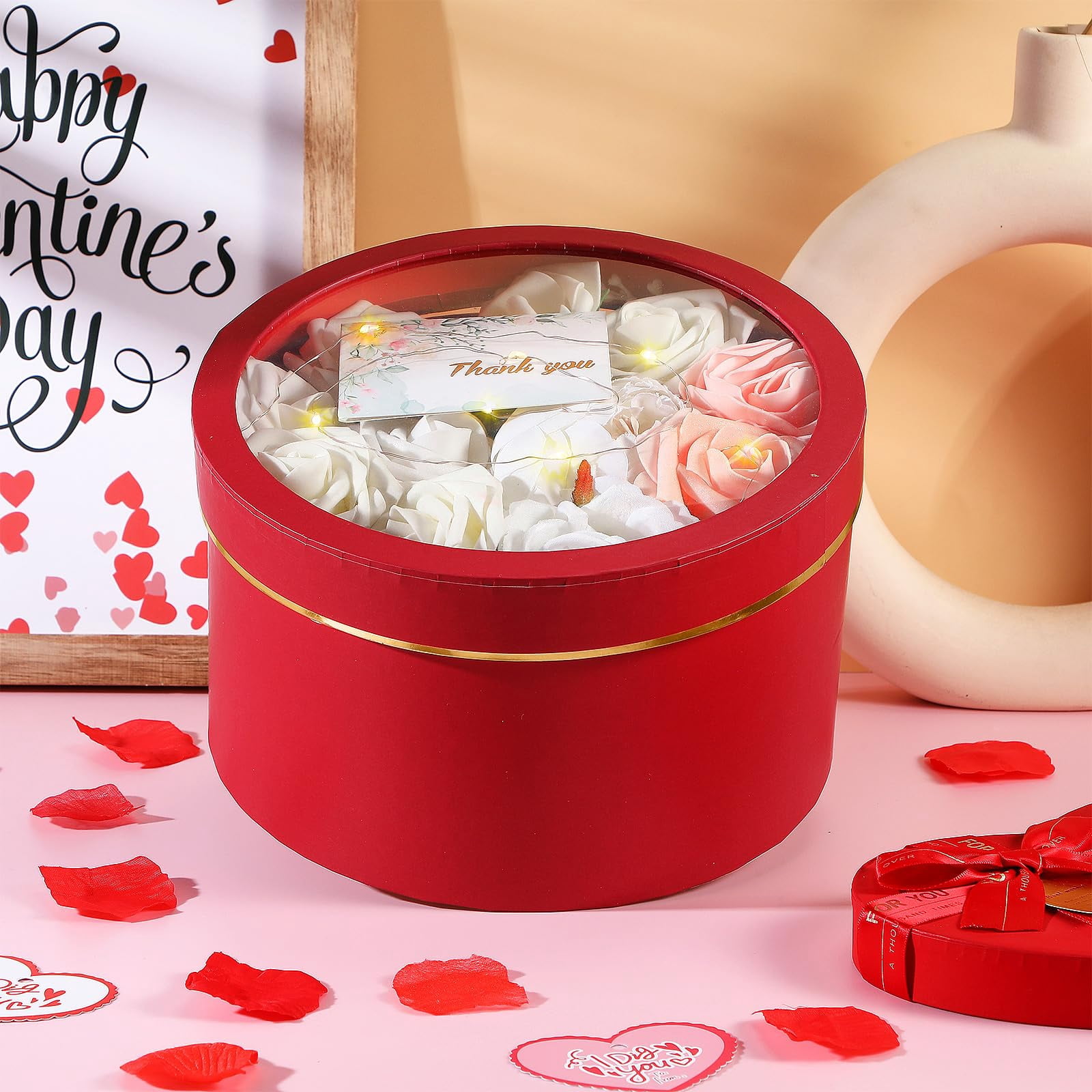 2 Round Gift Boxes With Lids Floral Foam Led Light Thank You Greeting Cards Flower Arrangements Supplies For Valentine Birthday Wedding Bridesmaid Proposal(red)