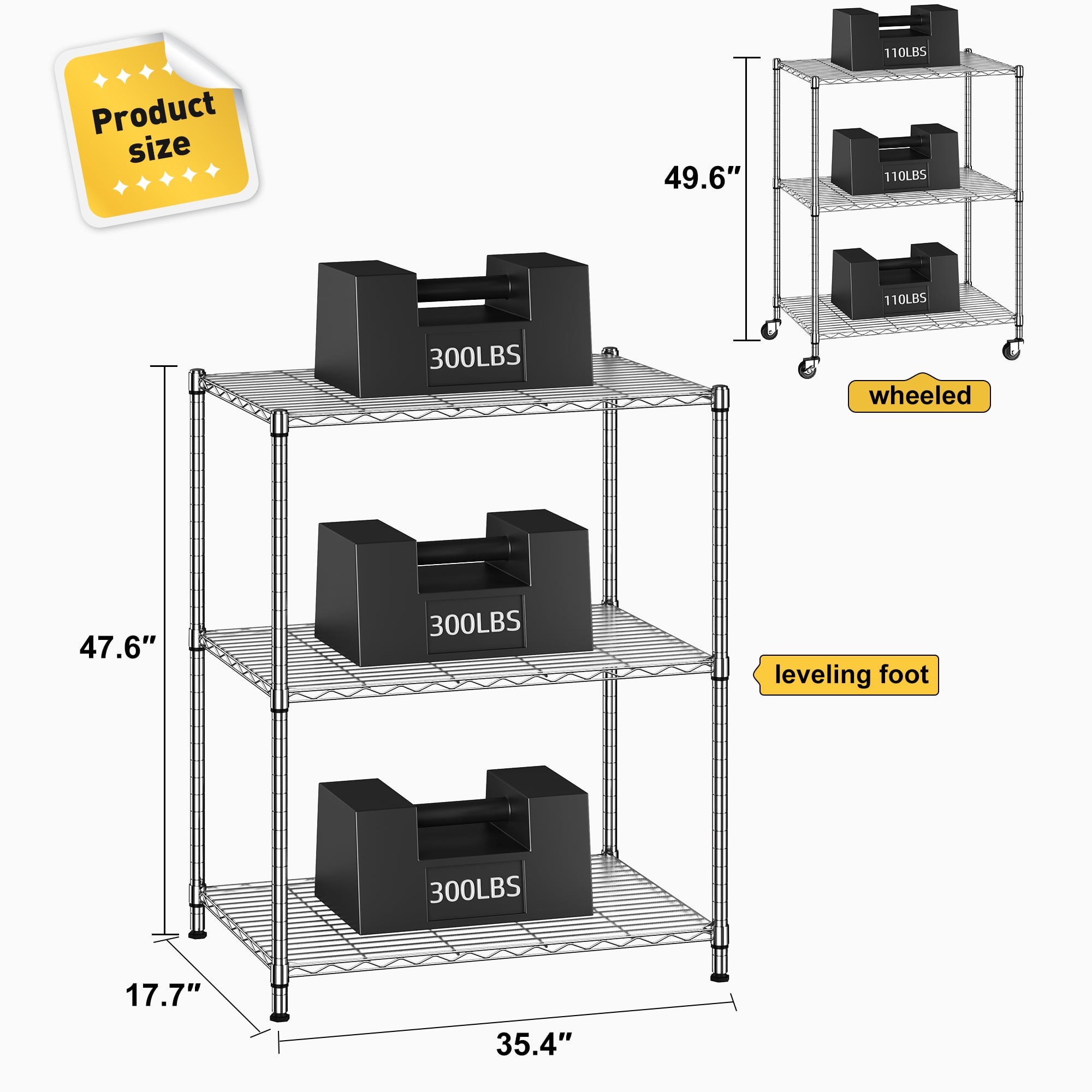 REIBII 3-Tier Wire Shelving Unit with Wheels,36"Wx18"D Heavy Duty Storage Rack,Adjustable Utility Organizer for Garage,Laundry,Pantry,300 lbs Per Shelf Chrome