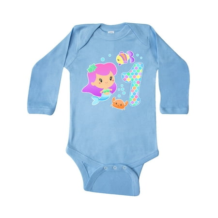 

Inktastic First Birthday Mermaid with fish and crab Gift Baby Girl Long Sleeve Bodysuit