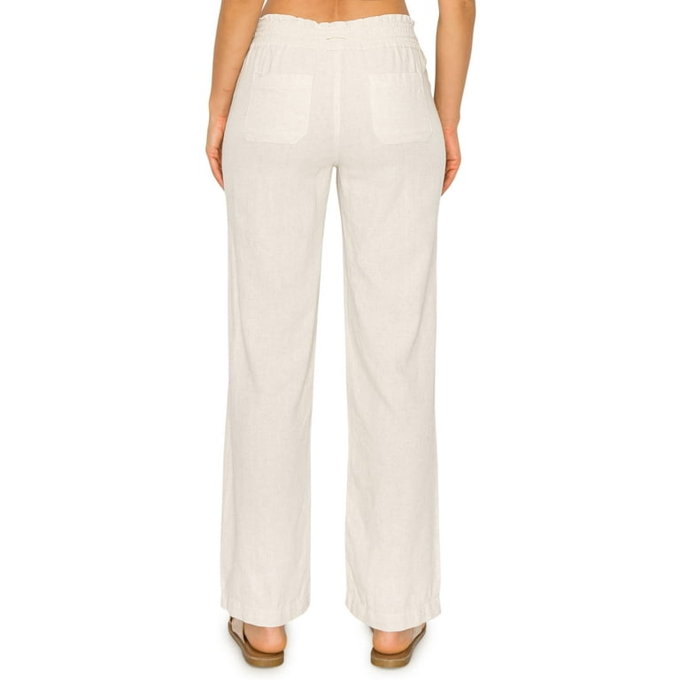 Cali1850 Women's Casual Linen Pants 29 Inseam Oceanside Drawstring Smocked  Waist Lounge Beach Trousers with Pockets 