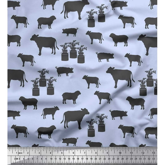 Soimoi Blue Cotton Duck Fabric Stencil Cow & Pig Animal Decor Fabric Printed Yard 42 Inch Wide