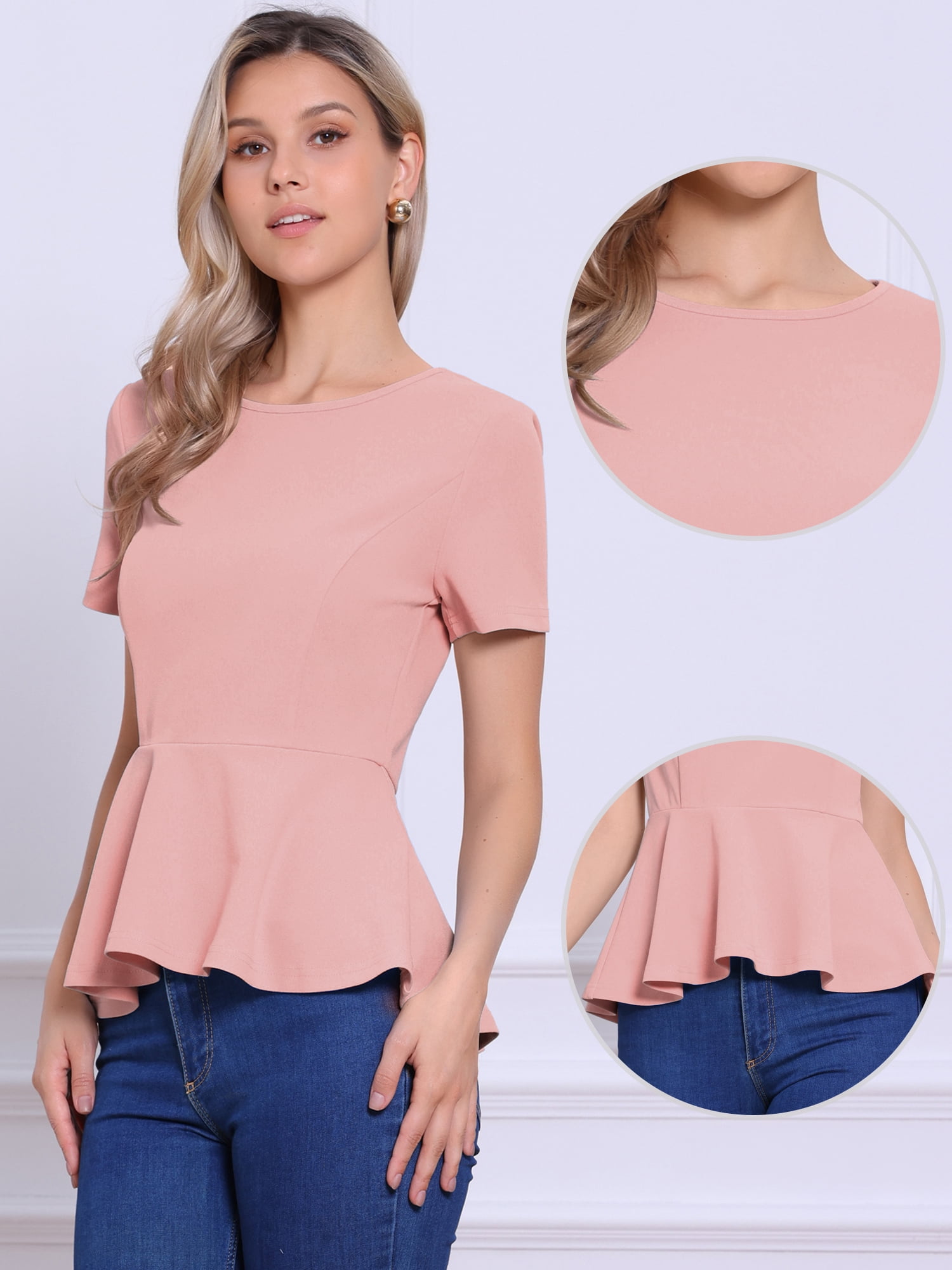 DARING DIVA Women's Peplum Tops Short Sleeve Crew Neck Blouse XL Pink