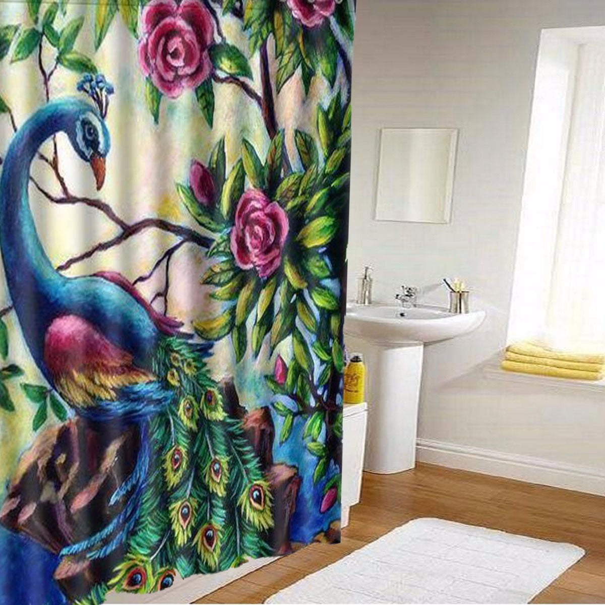 Peacock Shower Curtain Polyester Fabric + 12 Hooks Home