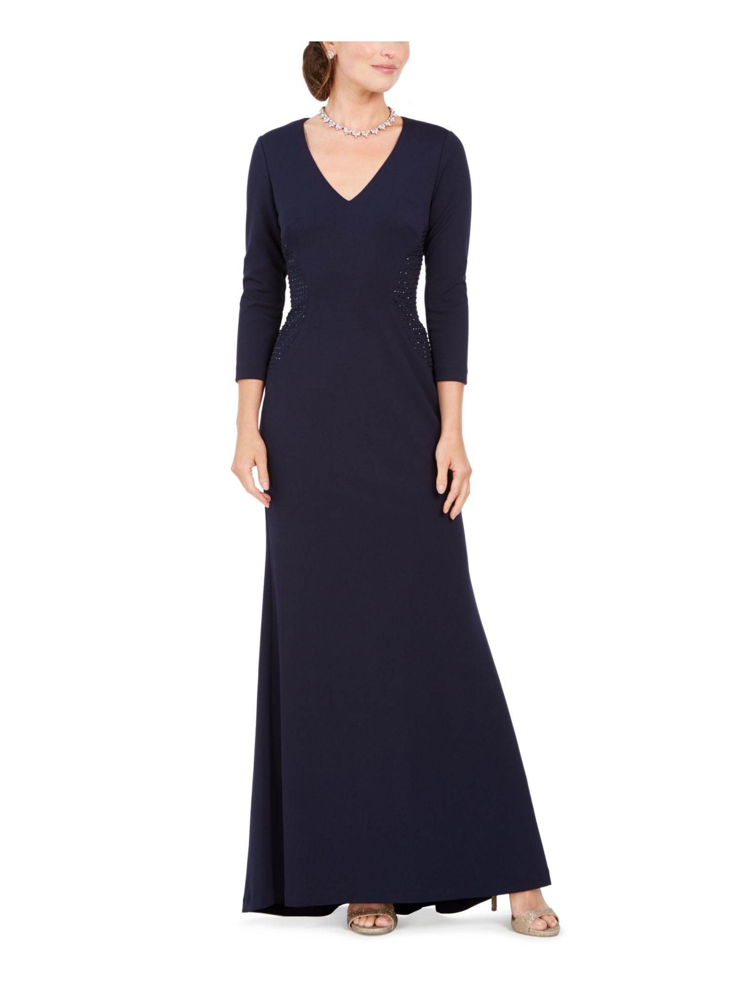 8 JESSICA HOWARD Womens Navy Long Sleeve Maxi Sheath Evening Dress Size 
