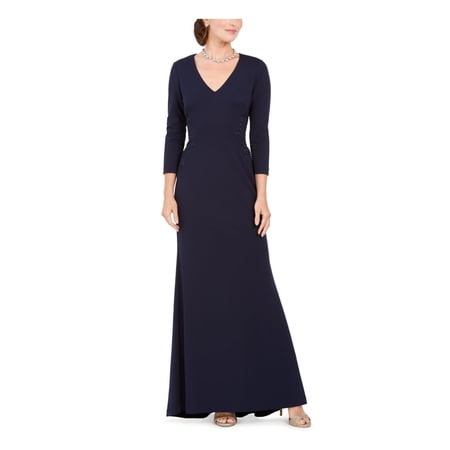 JESSICA HOWARD Womens Navy Rhinestone Zippered 3/4 Sleeve V Neck Full-Length Evening Fit + Flare Dress Petites 10P