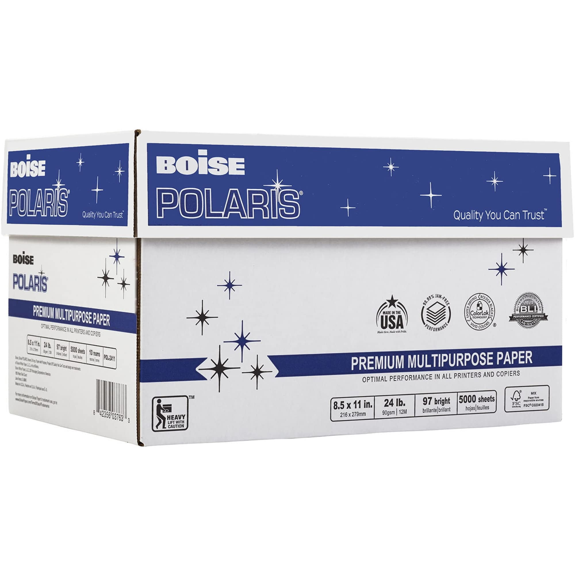 BOISE POLARIS Premium Multipurpose Copy Paper, 8.5" x 11" Letter, 97 Bright White, 24 lb., 10 Ream Carton (5,000 Sheets)