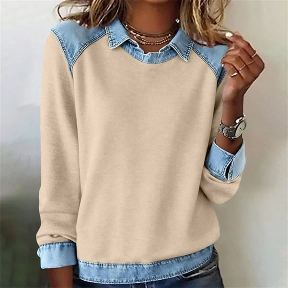 Women's Denim Patchwork Lapel Pullover, Casual Contrast Stitching Sweatshirt, Comfortable Knit Blouse, Fashion Collar Shirt, Streetwear Style Tops Beige L