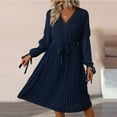 thumbnail image 2 of IROINNID Reduced Semi Formal Dress for Women Long Sleeve A-Line Dress Solid Color V-neck Hollow Out Pleated Dress,Dark Blue, 2 of 9