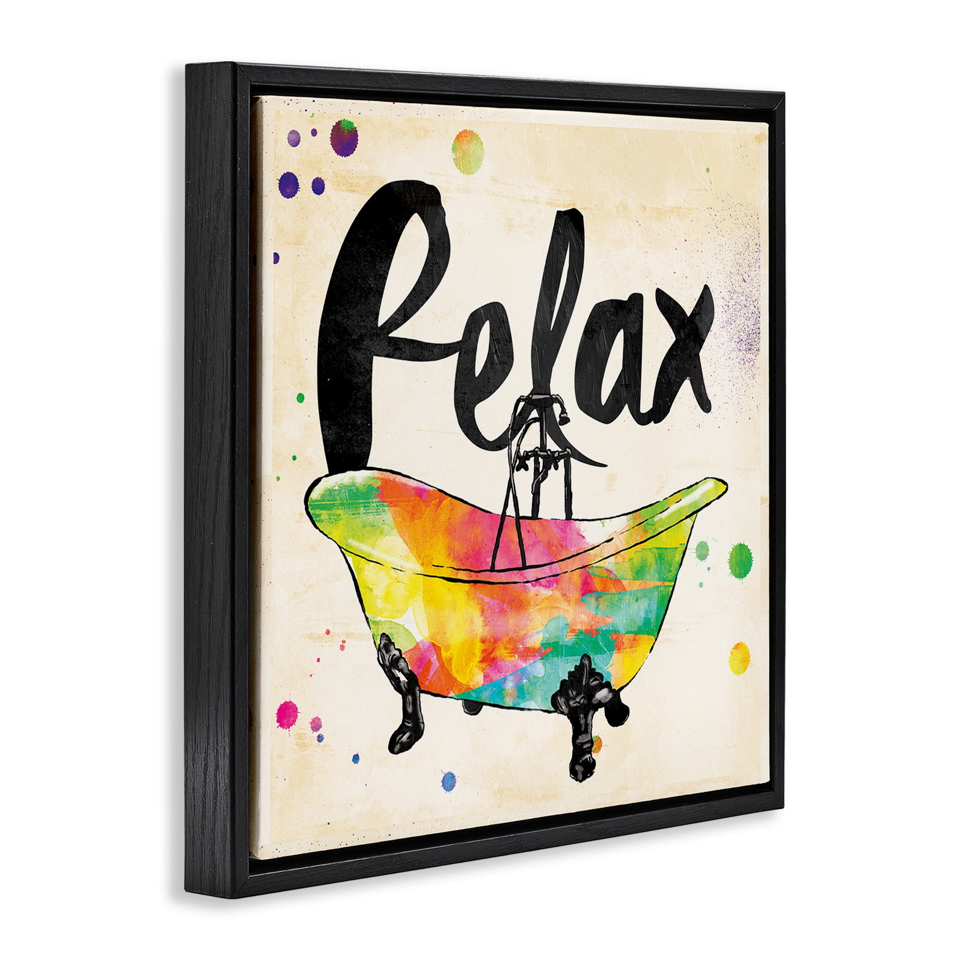 Stupell Industries Relax Rainbow Colors Icon Bath Typography Painting Black Floater Framed Canvas Art Print Wall Art, 18 x 18