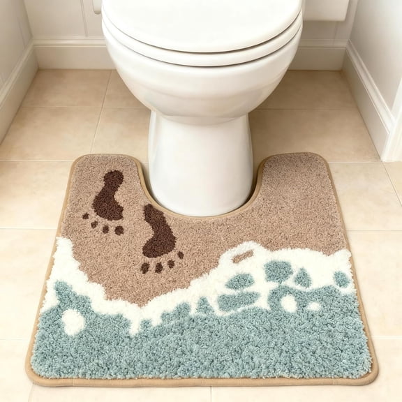 Beach-Themed U-Shaped Toilet Mat, 22x20 Inch Coastal Non-Slip Bath Rug with Wave Design & Footprints, Soft Absorbent Microfiber Floor Mat for Toilet Base, Machine Washable Bathroom Decor