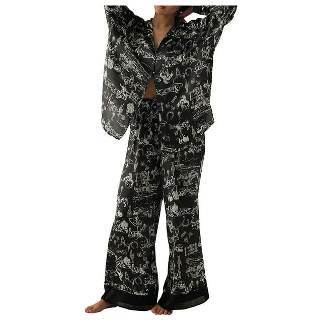 Silk Satin Pajamas Set For Women 2 Piece Floral Wide Leg Pants Set Long Sleeve Button Down Pj Shirts Set