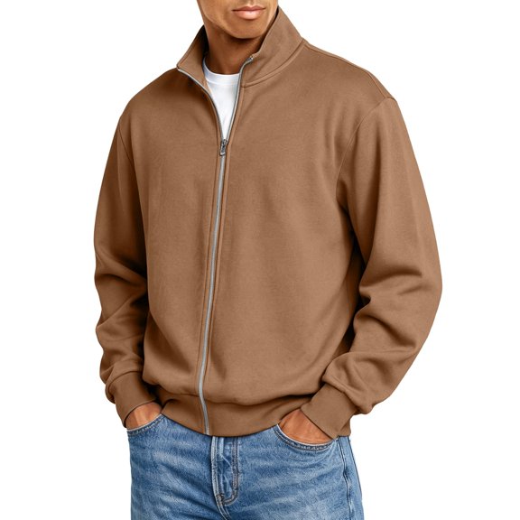 Mens Zip Up Sweatshirt No Hood Mock Neck Sweatshirts Men's Fleece Jackets Full Zip Lightweight Jacket Seam Pocket Brown M