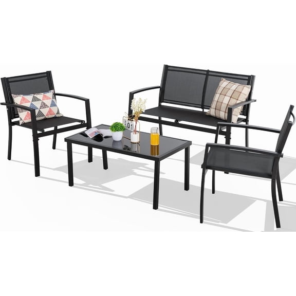 XH 4 Pieces Patio Furniture Set All Weather Textile Fabric Outdoor Conversation Set, with Glass Coffee Table, Loveseat, 2 Single Chairs for Home, Garden, Lawn, Porch（Black）