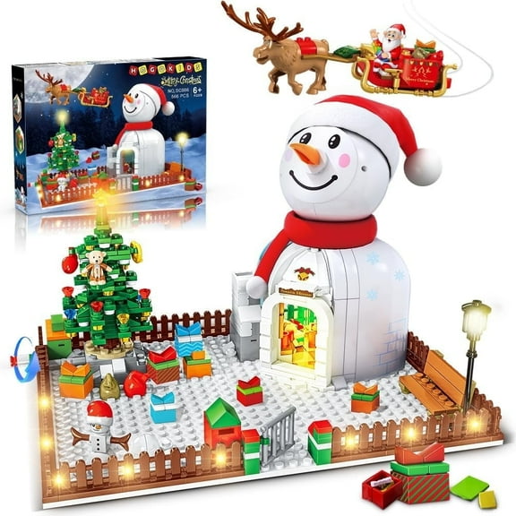 Christmas Building Set with LED Light - 566 PCS Wintertime Snowman Building Block Kit Xmas Tree Decors Birthday Toys for Teens Kids Girls Boys 6-9 Years Old