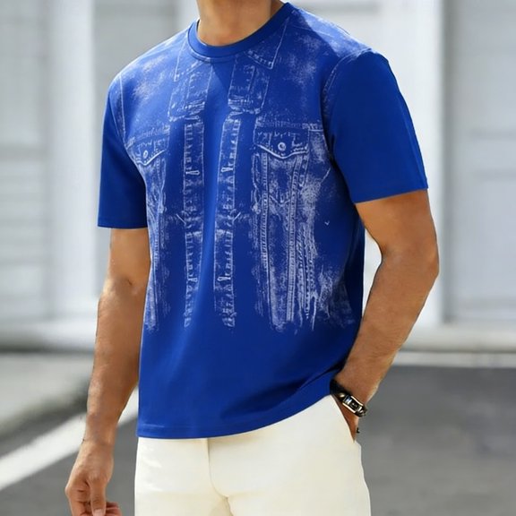 Men's Solid Color Geometric Jacquard Short Sleeve Round Neck Athletic T-Shirt, Quick-Dry Sporty Top for Training, Running, Gym Workouts and Outdoor Activities Blue c L