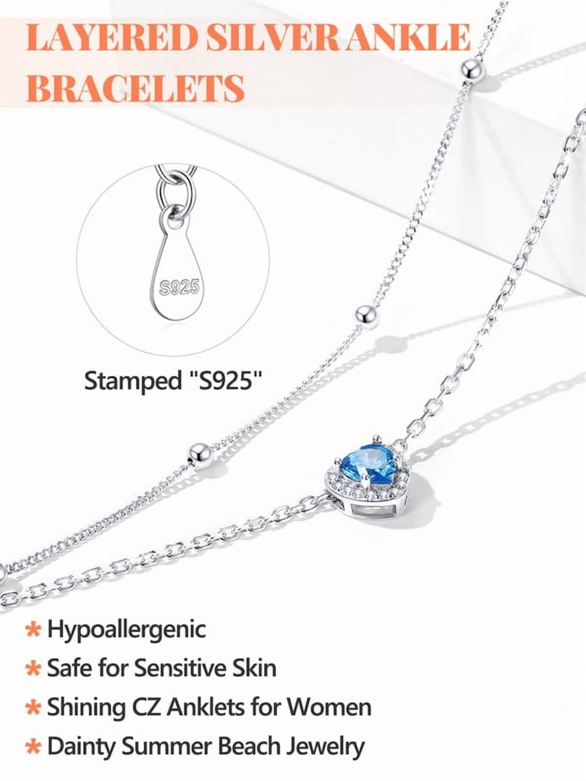 Silvora Birthstone Anklets for Women Sterling Silver Layered Waterproof Ankle Bracelets Dainty Beaded Chain Adjustable Anklet Heart Gemstone Summer Trendy Jewelry Birthday/Mothers Gift, December