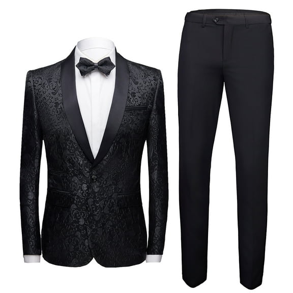 Mens 2 Piece Floral Jacquard Dress Suit Set 1 Button Print Dinner Jacket Pants-Black
