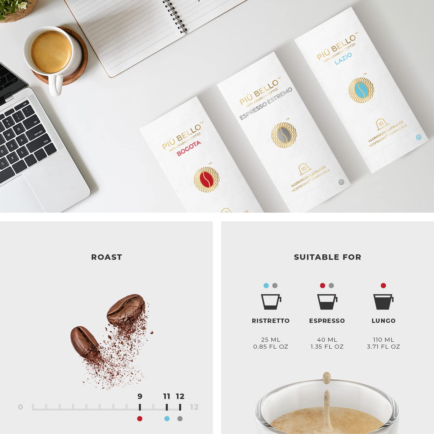 Piu Bello Coffee Pods Intense Variety Pack - Nespresso Machine (Original) Compatible Capsules with 3 Intense Flavors, Dark Roast, Low Acidity- Kosher (3 Flavor Multipack 120 Count)