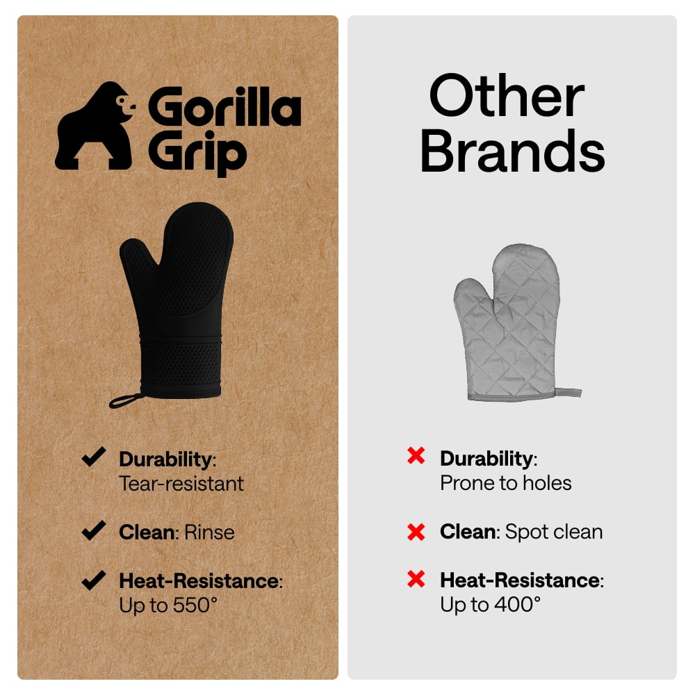 GORILLA GRIP Heat Resistant Durable Silicone Oven Mitts, BPA-Free Protective Grilling Potholders, Soft Cotton Lining, Flexible Waterproof Cooking Mitt Set, Kitchen Home Essentials, 12.5x8.3, Black