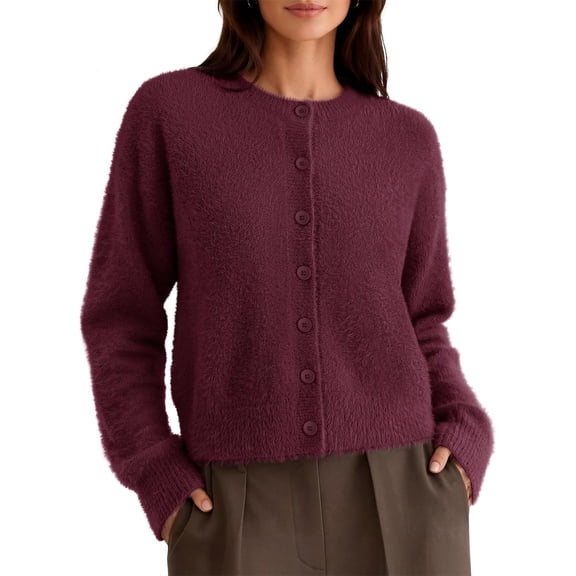Merokeety Womens Long Sleeve Button Knit Cardigan Sweater Burgundy L