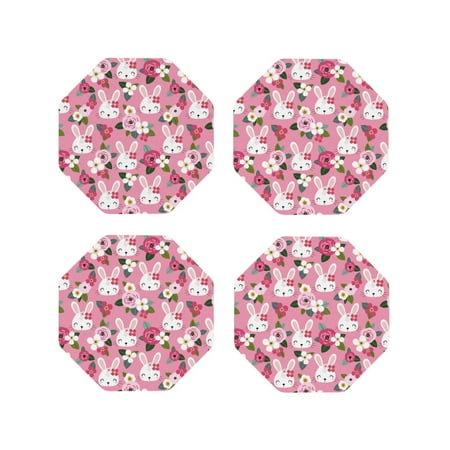 

Leather Coasters Set of 4 - Cartoon Cute Rabbit Flower Rose Lightweight Non-Slip Drink Coasters for Desk Anti-Scalding Desk Cup Coasters for Office Table Decor Octagon