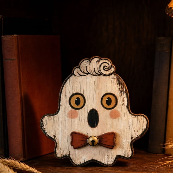 Halloween Wooden Ghost Ornament 5.9x4.7 In, Vintage Ghost Pumpkin Statue, Spooky Tabletop Shelf Mantel Decor, Rustic Fall Holiday Accent, Seasonal Gift