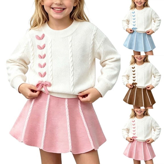 Mgmyaa Girls Toddler Casual Outfit Set Crew Neck Long Sleeve Knit Sweater and A-Line Skirt Pullover Pleated Solid Acrylic Fall Winter with Heart Embroidery Bow Decor 2-Piece Outfit for Kids 1-8 Years